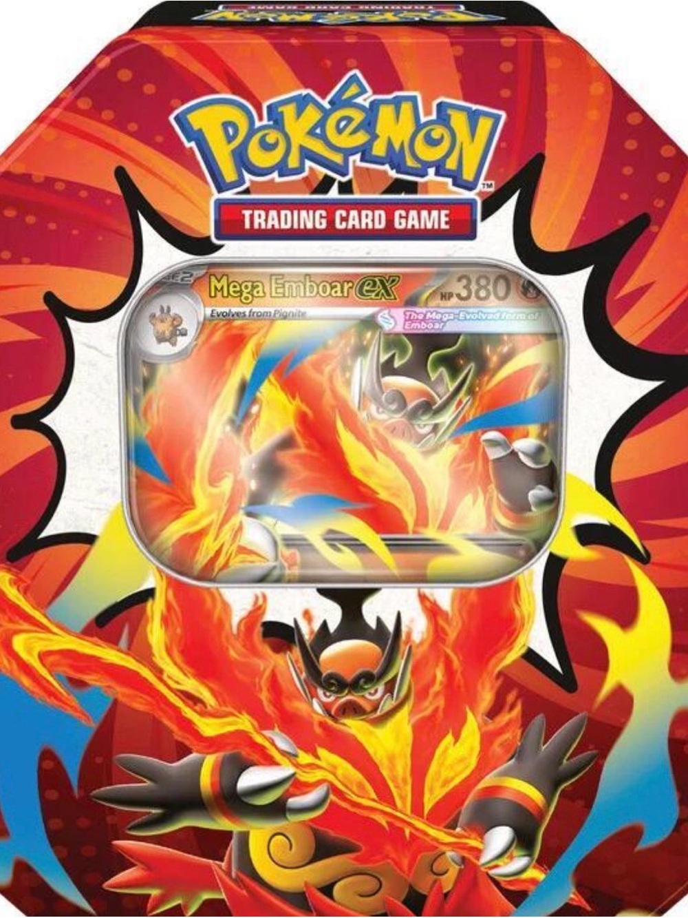 Pokemon Tin with Mega Emboar EX Artwork – Red Orange Yellow